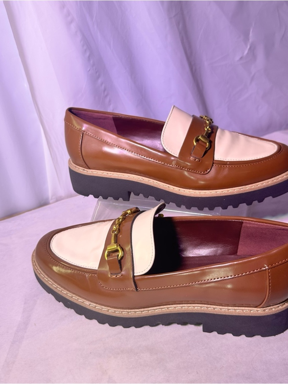 Franco Sarto Brown and Cream Leather Two-Tone Loafer with Gold Chain - Picture 2 of 9